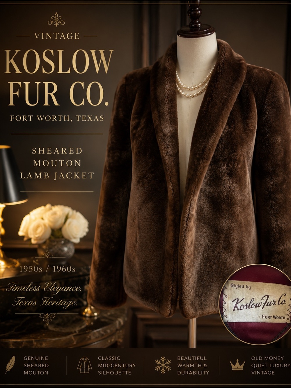 Vintage Koslow Fur Co Fort Worth Sheared Mouton Lamb Jacket Brown Fur Coat